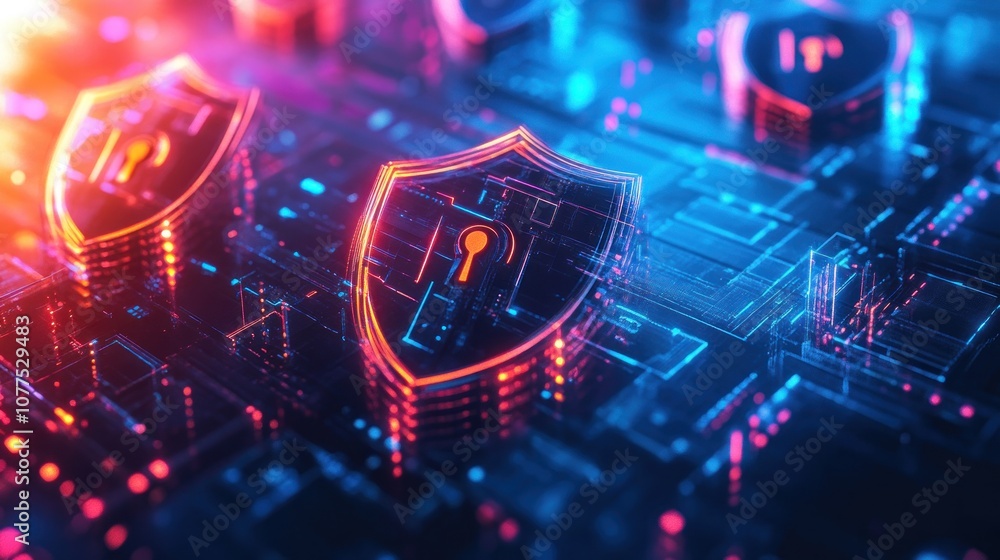 Poster abstract 3d illustration of glowing security shields with keyholes over a circuit board background.