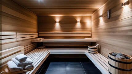 Modern wooden sauna interior with benches, soft lighting, and essential sauna items including towels and a bucket with stones on black tiled floor.