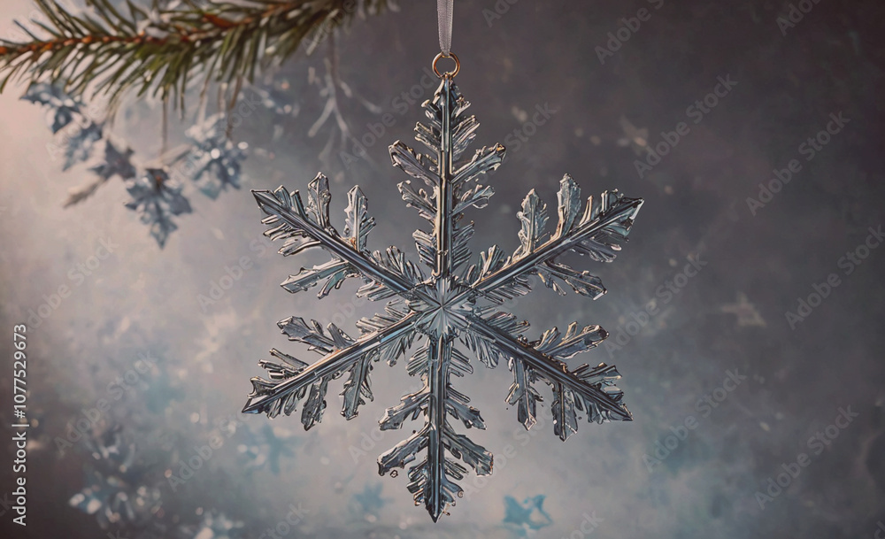Poster silver snowflake ornament hangs from a tree branch