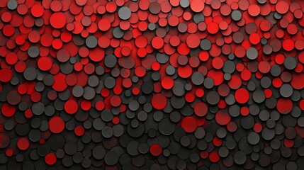 Red and black background with many small red circles. The circles are arranged in a way that creates a sense of depth and movement. The image has a bold and dynamic feel, with the red