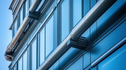Modern Building Facade with Large Windows and Metallic Pipes