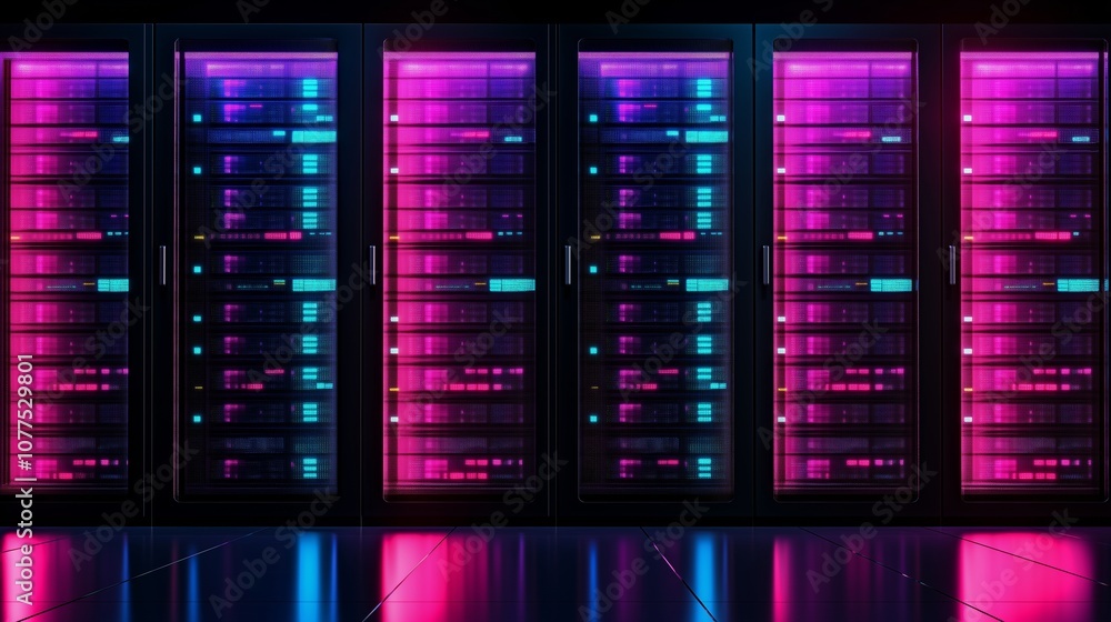 Poster row of computer servers with neon lights on them. the servers are in a row and are lit up in neon co