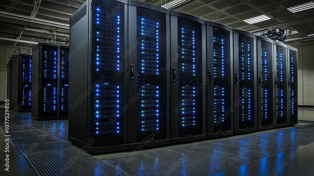 Poster row of computer servers with blue lights on them. the servers are in a room with a lot of light