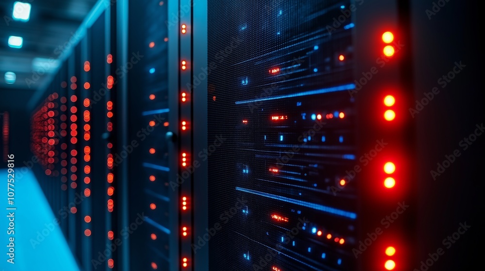 Poster row of computer servers with red lights on. the servers are in a room with blue walls