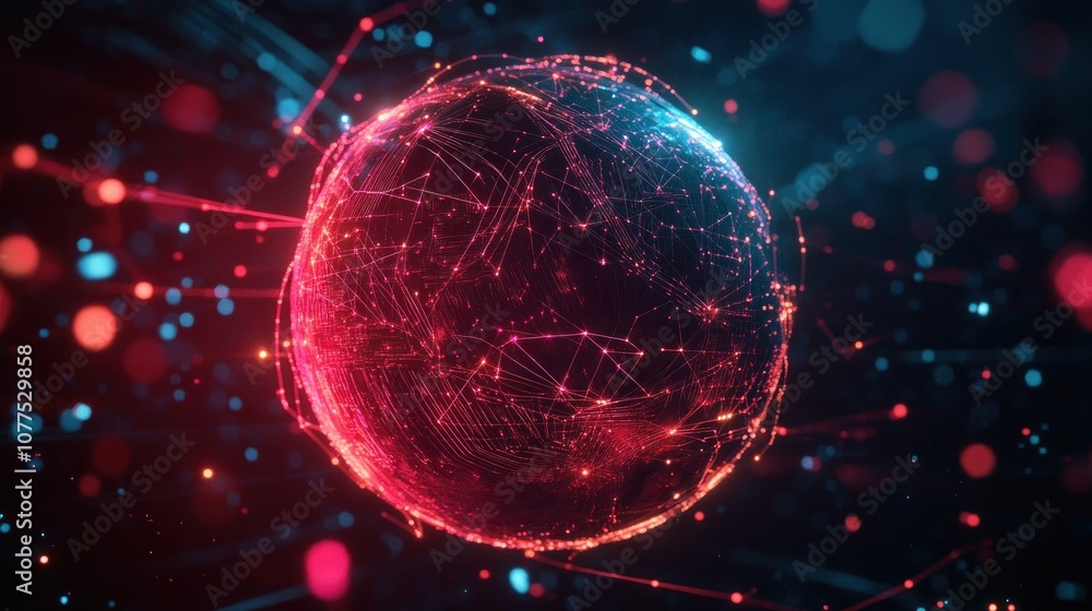 Poster glowing red and blue sphere with interconnected lines and dots
