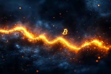 A dramatic 3D illustration of a glowing orange Bitcoin symbol on a dynamic, illuminated line graph against a dark, textured background.