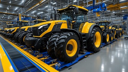 Row of yellow tractors are lined up on a conveyor belt. The tractors are all different sizes and are in various stages of production. The conveyor belt is moving the tractors along