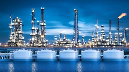 Industrial landscape featuring illuminated refinery structures and storage tanks at dusk.