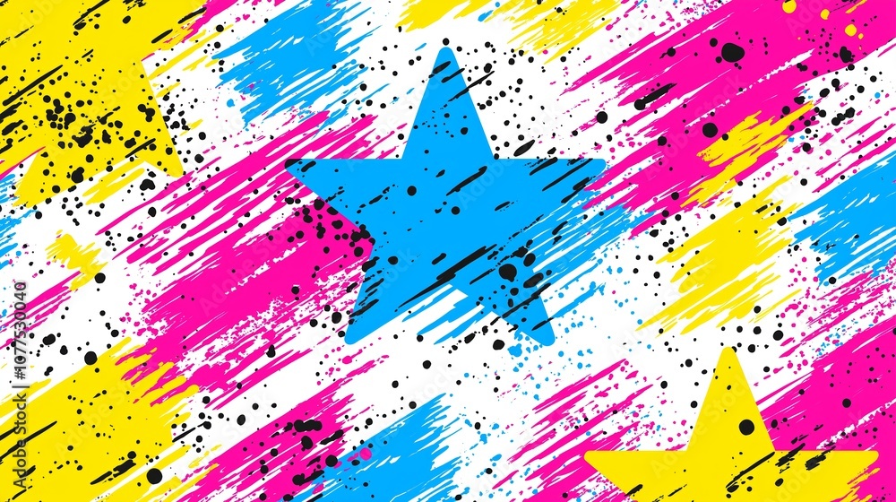 Poster star pattern with splatters of paint on it. the stars are in different colors and sizes, and the bac