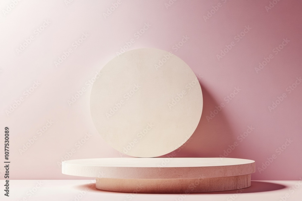 Leinwandbilder a serene composition featuring a floating circle and a curved platform against a soft pink backgroun
