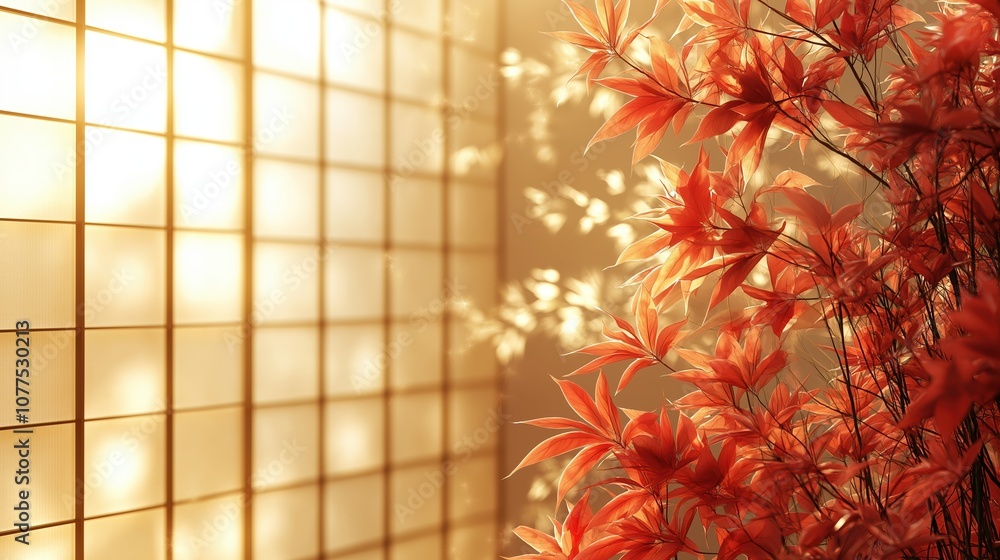 Poster tree with red leaves is in front of a white wall. the leaves are in full bloom, and the sunlight is 