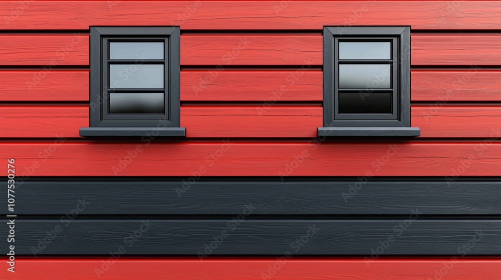 Poster two windows on a red wall, one of which is black. the windows are positioned in such a way that they