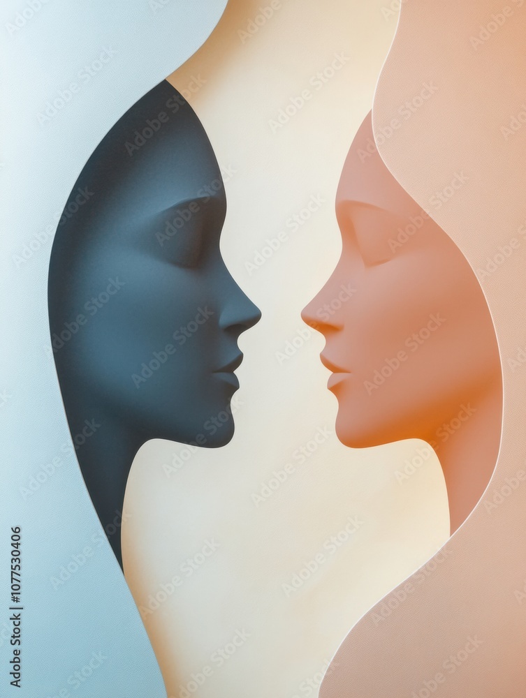 Poster Two intertwined silhouettes in pastel shades convey themes of communication and empathy, highlighting human connection and understanding. Generative AI