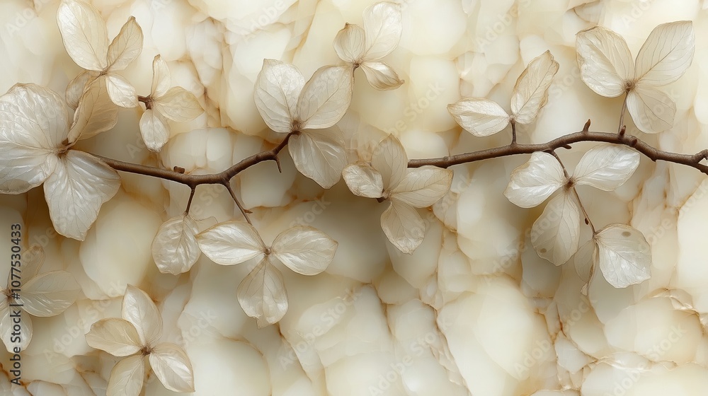 Poster white and brown leafy branch with a white background. the branch is made up of many small leaves, an