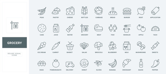 Basket of store for fresh meat and fish, fruit and vegetables, milk and cheese thin black outline symbols vector illustration. Grocery and supermarket food products for delivery line icons set.