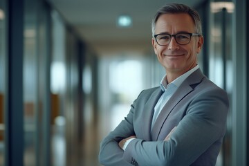 Fototapeta premium Confident Middle-Aged Businessman in Modern Office Corridor