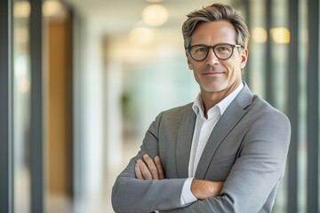 Confident Middle-Aged Businessman in Office Setting Wearing Glasses