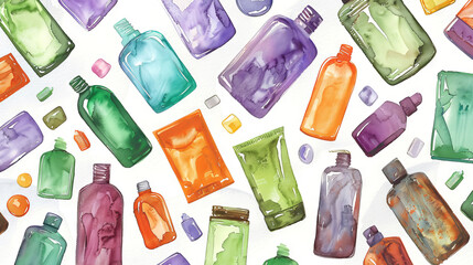 Watercolor Illustration of Colorful Vintage Bottles and Tubes for Beauty Products Concept of Natural Skincare, Artistic Packaging, Personal Care Design. Background