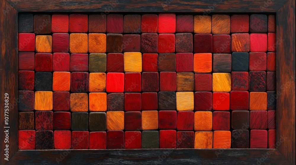 Poster wooden frame with a red and brown pattern of wooden blocks. the blocks are arranged in a way that cr