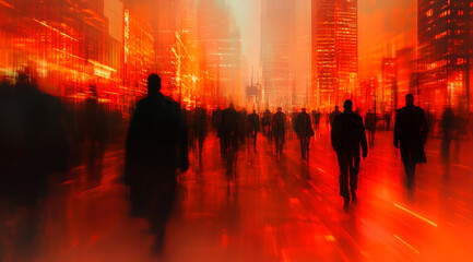 A crowd of people walk through a city street in a red glow. The silhouettes are blurry, giving a sense of movement and energy