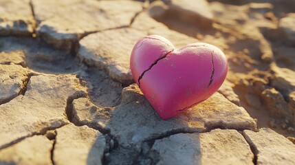 Fototapeta premium Bright pink heart resting on soft, cracked clay, generative ai