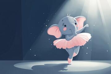 A charming cartoon elephant gracefully dances in a spotlight wearing a pink tutu in a minimalist setting