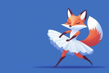 A cheerful cartoon fox in a white tutu performs a graceful dance on a vibrant blue background, showcasing elegance and joy