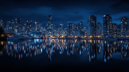 Fototapeta premium Nighttime Skyline of Illuminated Skyscrapers Reflecting in Calm Water