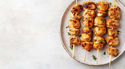 A plate of chicken kebab skewers sits on a light gray surface. There's plenty of space around the skewers, perfect for adding text.