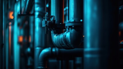 Close-up of Industrial Pipe Fittings with Blue Lighting