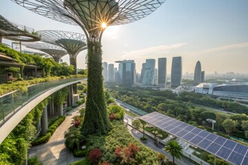 Fototapeta premium A stunning view of vertical gardens and solar panels in a futuristic cityscape at sunset