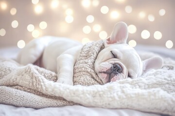 French bulldog puppy sleeping peacefully on a soft, cozy blanket with warm holiday lights in the background, creating a serene and comforting Christmas ambiance