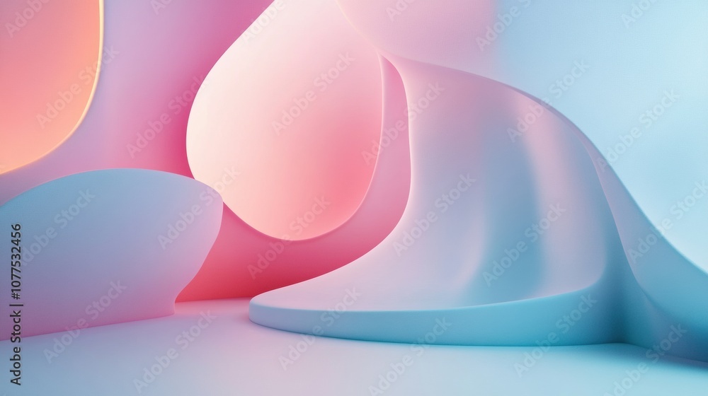 Poster curved forms intertwine and blend in a calming arrangement, showcasing gentle pastel colors that evo