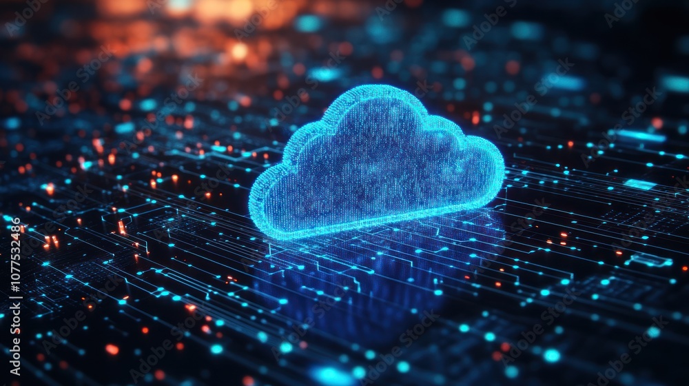 Poster a glowing blue cloud symbol on a digital circuit board, representing cloud computing and data storag