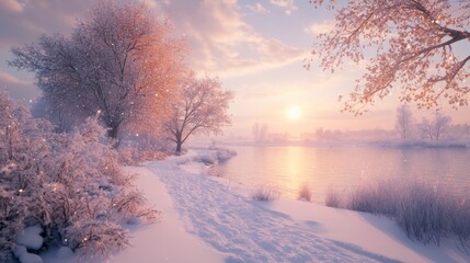Snow-Covered Trees and Path Along a River at Sunset