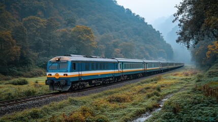 Obraz premium a blue and white train on tracks