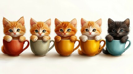 Fototapeta premium Five Kittens Sitting in Colorful Teacups