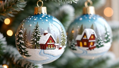 Festive Christmas ornaments depicting a snowy fairy tale scene with cottages on a blurred background