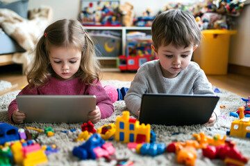 Siblings using a tablet and laptop at the same time, surrounded by toys, multitasking.
