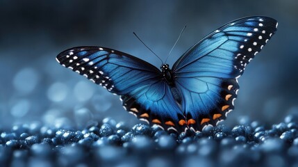 a blue butterfly with black wings