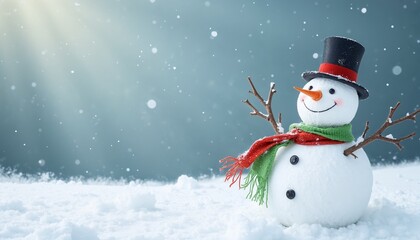Obraz premium Cheerful snowman with a black top hat, colorful scarf, and twig arms in a snowy landscape