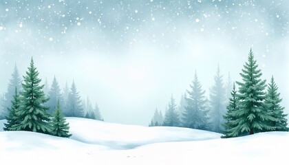 Naklejka premium Soft winter landscape with snow-covered hills and evergreen trees under a gentle snowfall