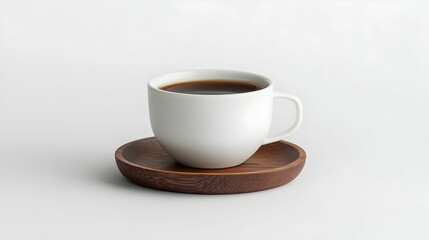 filiżanka kawy, minimalistyczny styl, kawa, drewniany spodek, białe tło, elegancja, prostota, poranna kawa, relaks, domowy klimat, filiżanka, kuchnia, napój, naturalna estetyka, nowoczesny styl, drewn