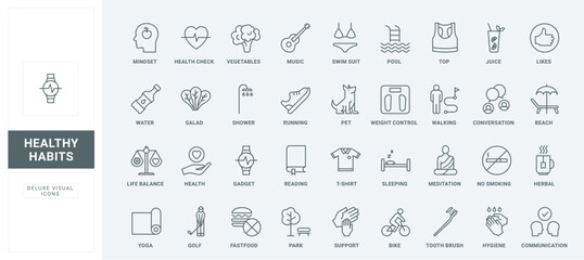 Yoga and bike, park walk with pet, sleeping and diet thin black outline symbols vector illustration. Healthy lifestyle and good habits for body health, work-life balance line icons set.