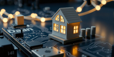 Obraz premium Technology in the smart home with intelligent controls, networking and technization of the home through microelectronics for control, monitoring and security