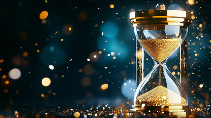 Golden sand flows through the hourglass, symbolizing time relentless passage in sparkling light