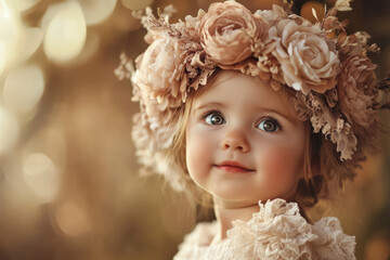 Fototapeta premium A young girl with captivating eyes and fair skin wears a floral crown, surrounded by a warm, dreamy bokeh background, creating an enchanting and serene atmosphere.