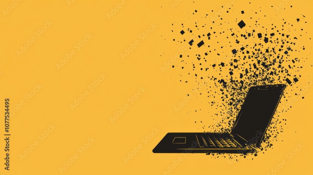 Leinwandbilder a laptop silhouette emits a cascade of falling numbers against a vibrant yellow backdrop, symbolizin