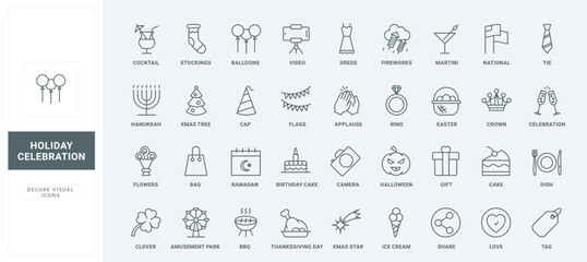 Dinner or banquet decoration and food, cake and gift, bouquet thin black outline symbols vector illustration. Birthday party, national and religious holidays, and fun events line icons set.