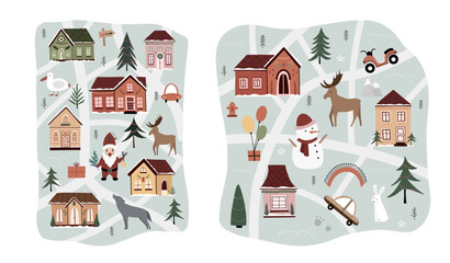 Christmas card creator hand drawn. Cute vector illustration in cartoon style, for your design poster, cards, website. Houses, snowmen, trees, Santa